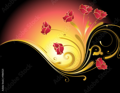 fond floral noir et roses rouge or