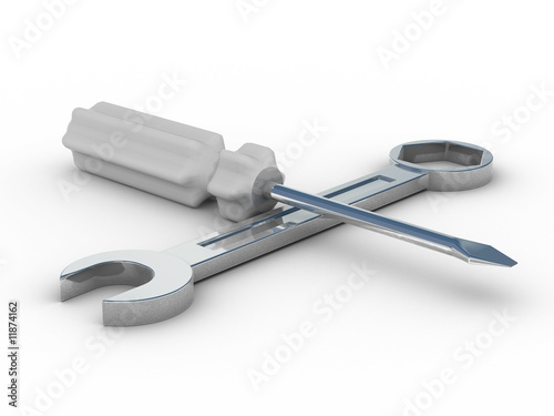 spanner and screwdriver on white background. Isolated 3D image photo