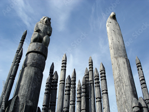 Carved Totem Poles Burnaby Mountain Park British Columbia Canada photo