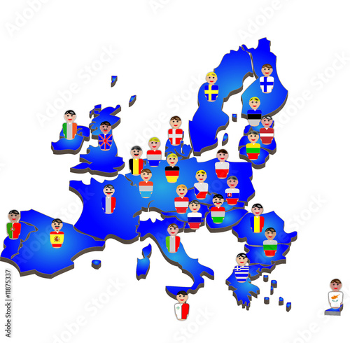 European Union map, flags and people