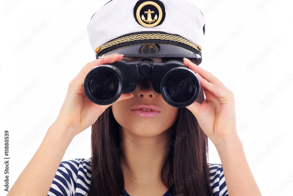 Woman looking through binoculars isolated on white Woman looking through binoculars isolated on white