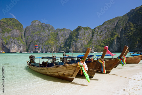 Longtail boats in the famous Maya bay of Phi-phi Leh island