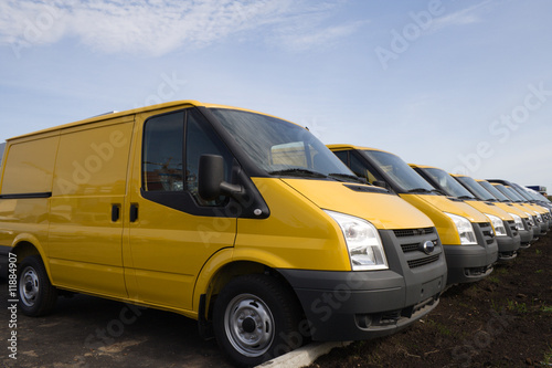 yellow trucks in a row