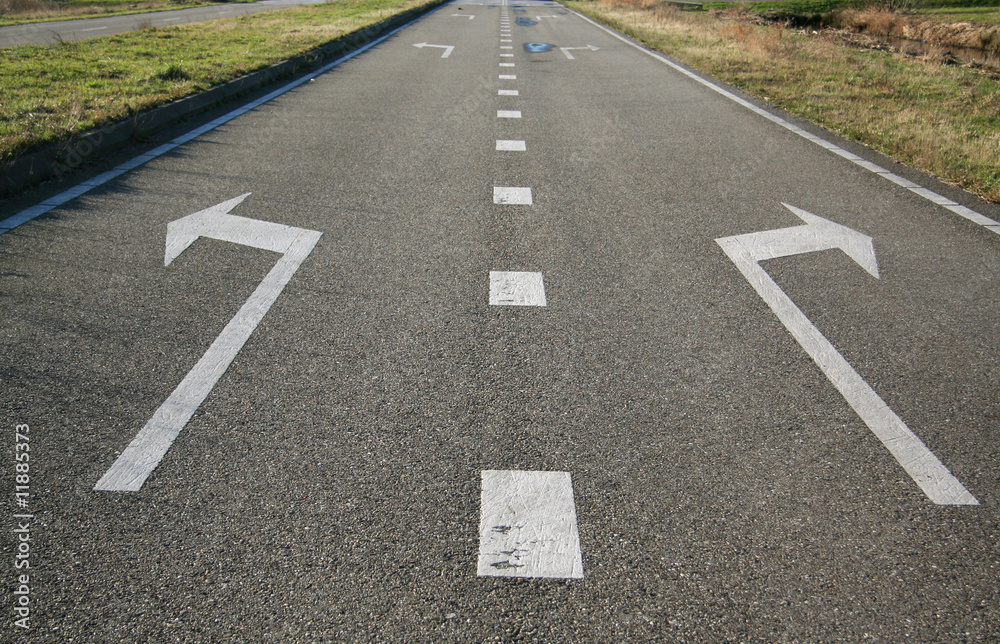 Arrows pointing in opposite direction before fork in road