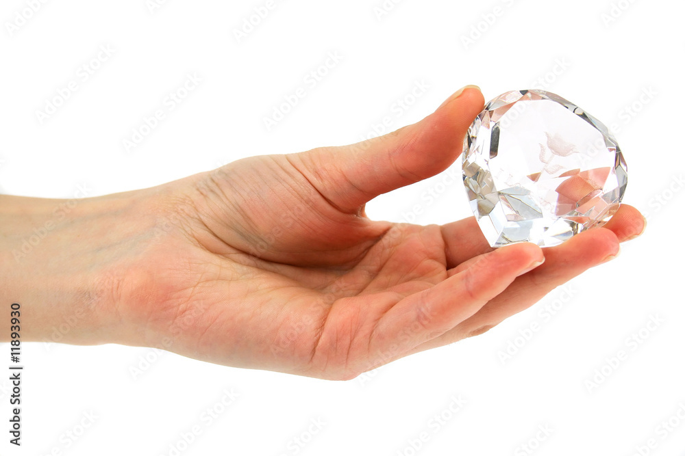 Women's hand holds crystal with declaration of love Women's hand holds crystal with declaration of love