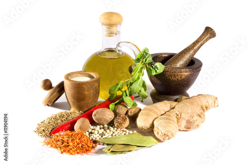 Spices, herbs, salt, olive oil and mortar