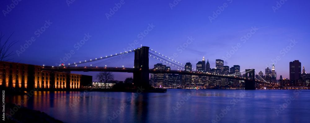 New York City and Brooklyn Bridge at night