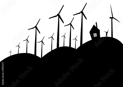 many of silhouette of wind turbines on a white background