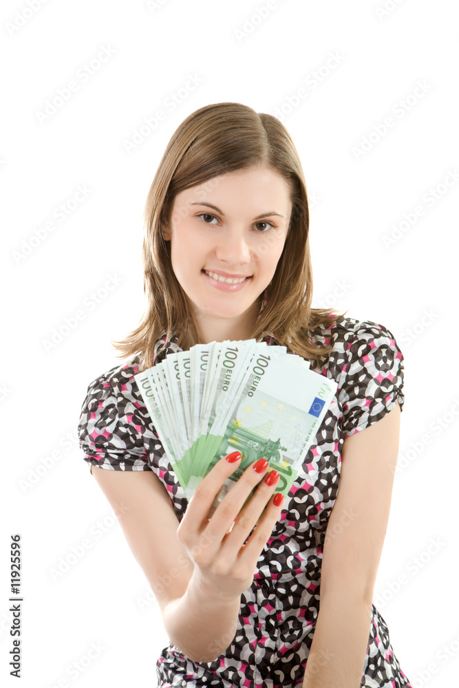 Beautiful girl with euros; isolated on white Beautiful girl with euros; isolated on white
