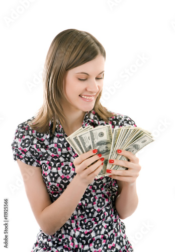 Happy smiling girl counting money