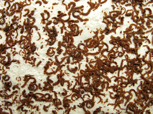 Planed chocolate crumbs on white cream