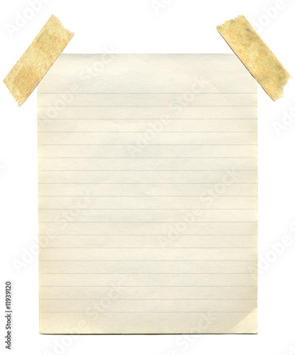 Old vintage yellowing notepaper stuck to a white background.