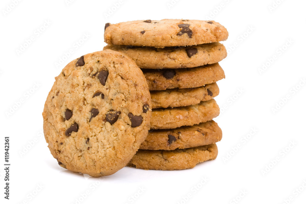 Pile of chocolate chip cookies isolated on white background
