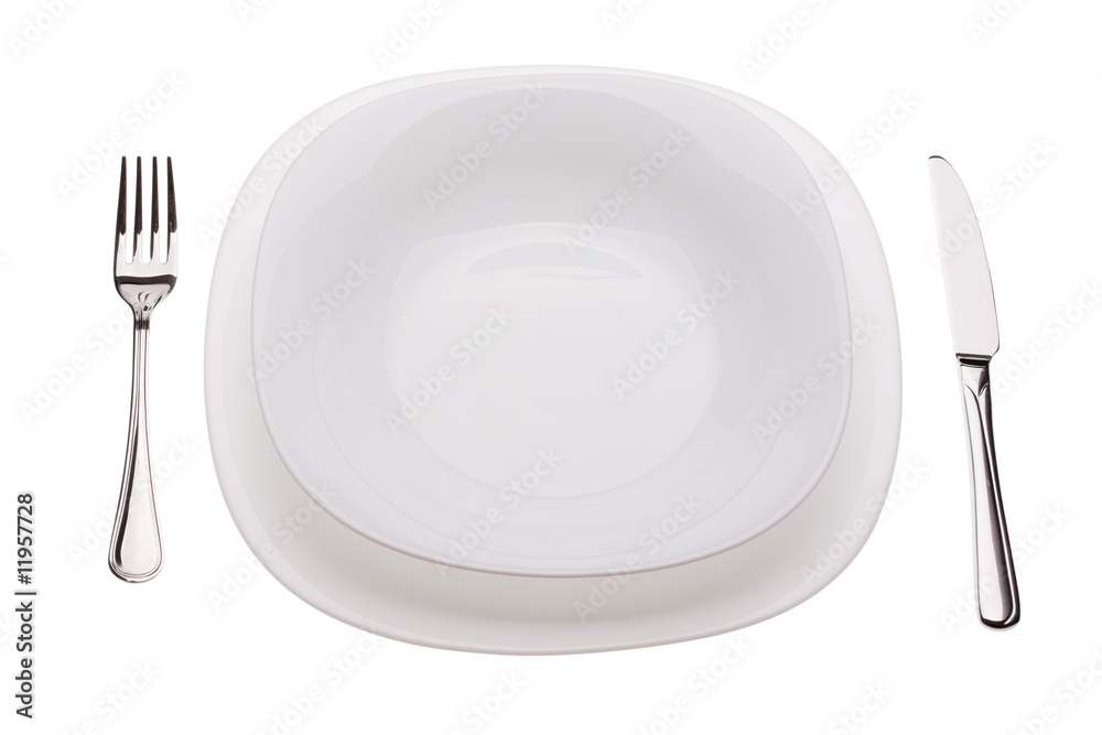 Set of plates with tablewares on white background Set of plates with tablewares on white background