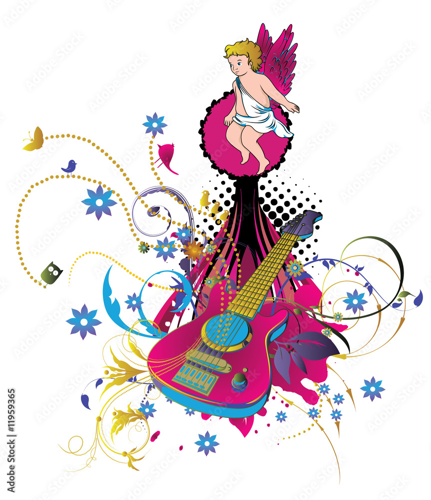 abstract illustration with floral, grunge and guitar abstract illustration with floral, grunge and guitar