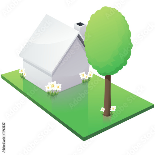 Maison blanche et son jardin avec un arbre (détouré)