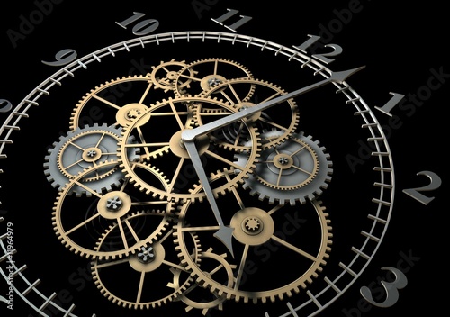 3d Clock with Cogs on Dark Background