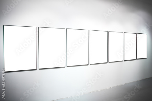 Seven white empty large banners