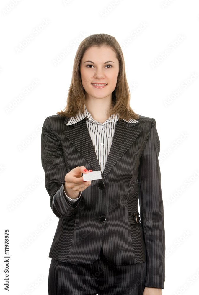Friendly woman with a business card. Isolated on white Friendly woman with a business card. Isolated on white