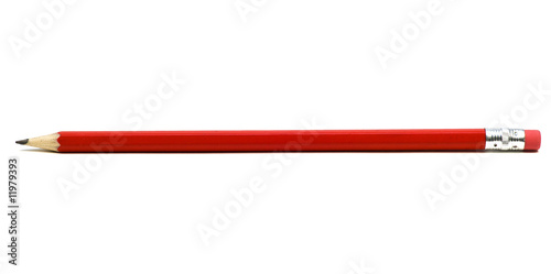 Red pencil with eraser on a white background.