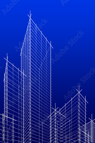 abstract wireframe skyscrappers. blue version.