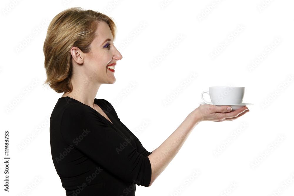 Woman in black dress offering tea/coffee isolated on white Woman in black dress offering tea/coffee isolated on white