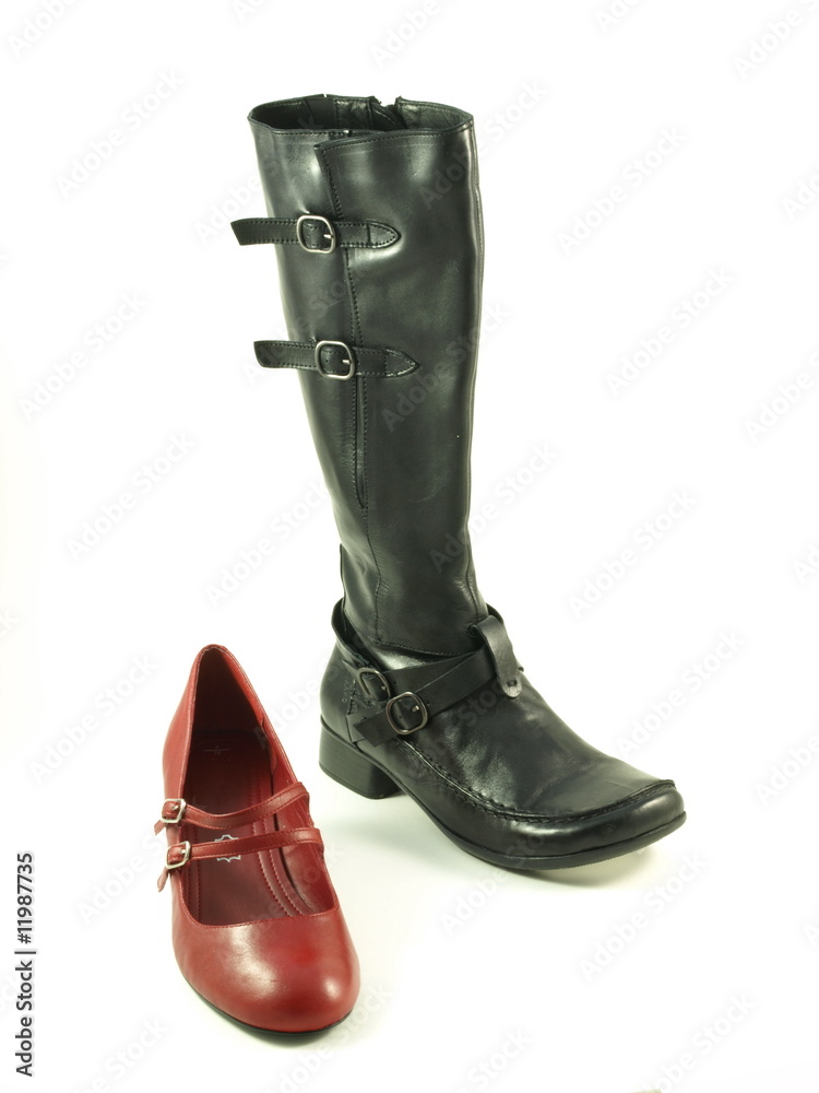 Shoe industry - black boot and red shoe, isolated.