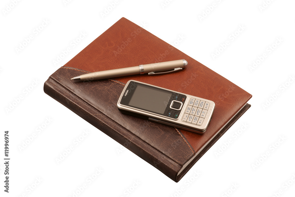 Leather organizer, pen and mobile phone on white background Leather organizer, pen and mobile phone on white background