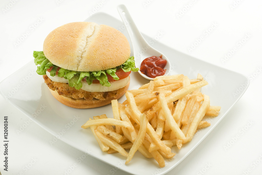 crisp chicken burger with tomato onion cheese lettuce crisp chicken burger with tomato onion cheese lettuce