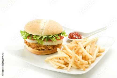 crisp chicken burger with tomato onion cheese lettuce