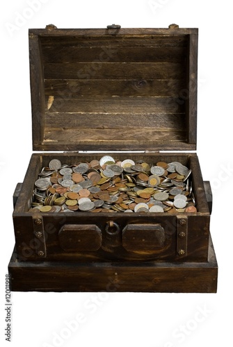 Chest with different coins isolated on white
