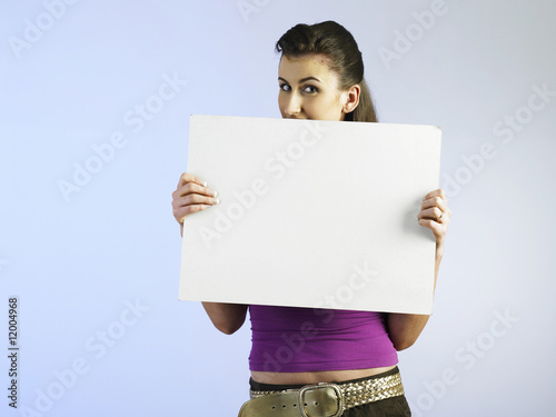 woman holding a card photo