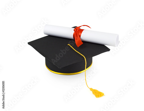 graduation cap and diploma with red ribbon isolated on white