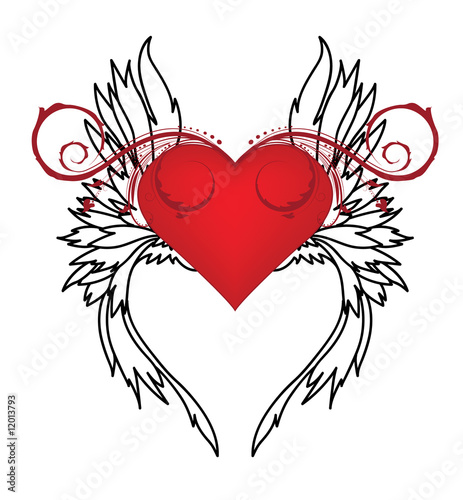 valentine illustration with heart  floral and wing