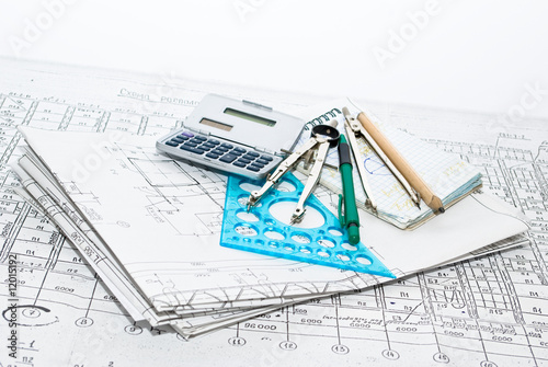 Professional architecture drawings and working tools