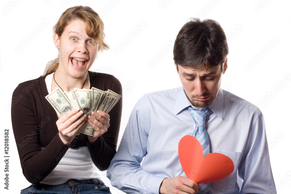 happy couple embrace isolated against white background