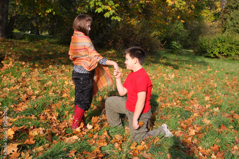 Two children collecting autumn leaves..