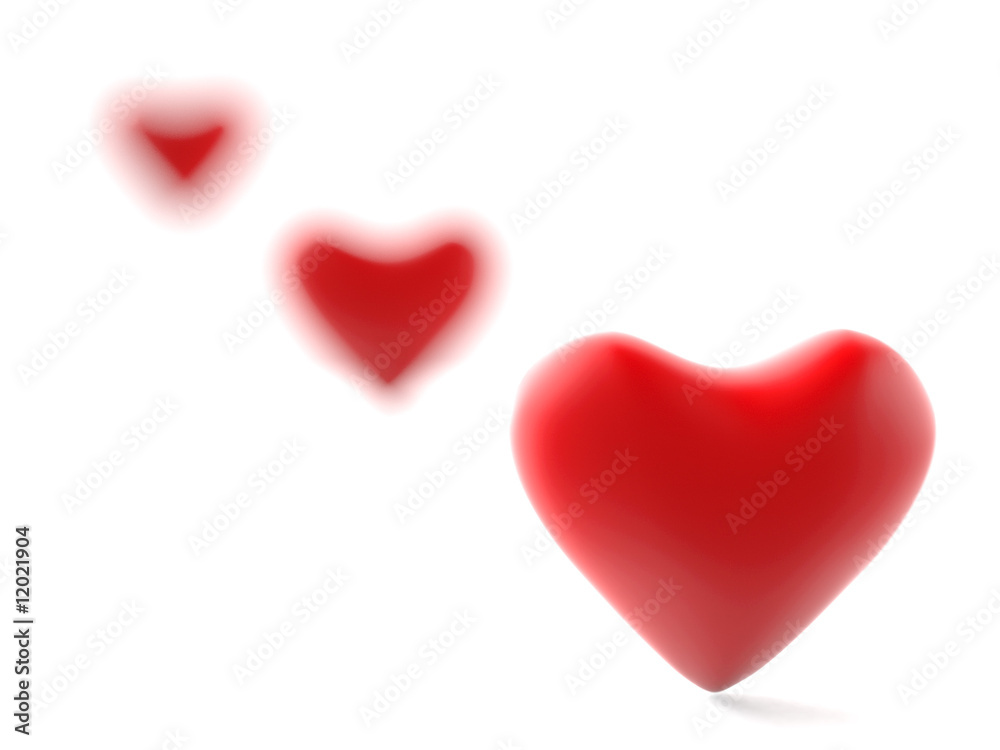 Three red  3d hearts diagonal