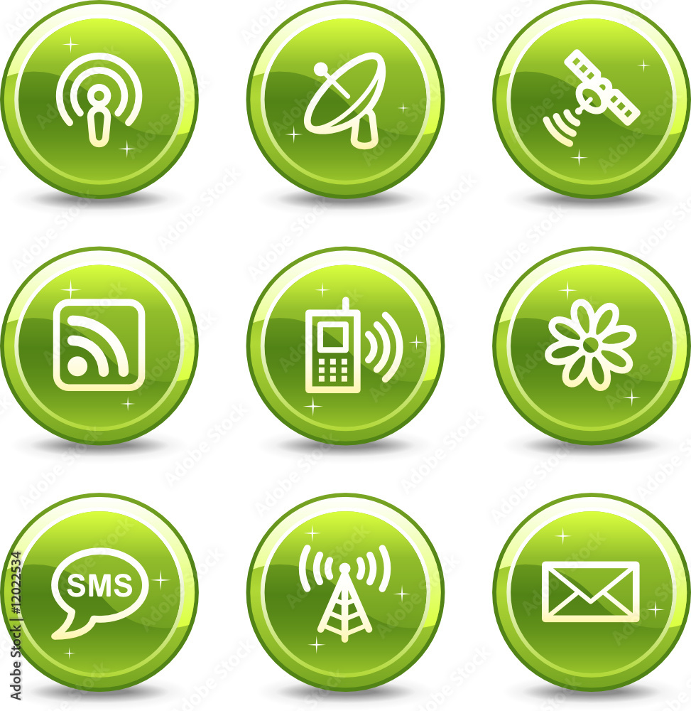 Communication web icons, green glossy circle buttons series Communication web icons, green glossy circle buttons series