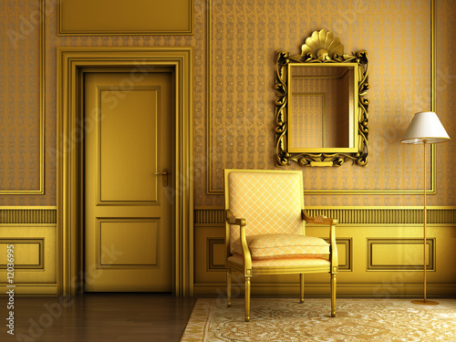 classic palace interior with armchair mirror and golden molding #12036995