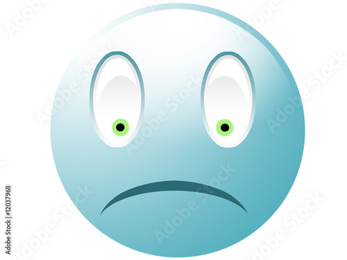 Sad cyan smiley with green eyes isolated on white
