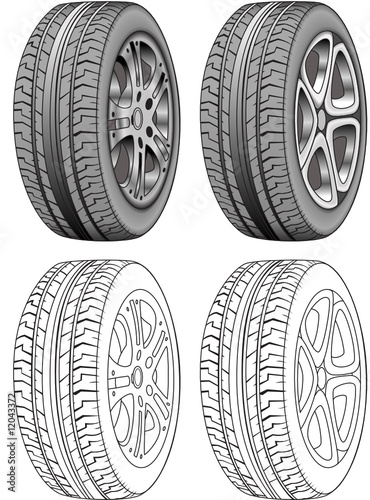realistic rendered Tires with outlines  - vector illustrations