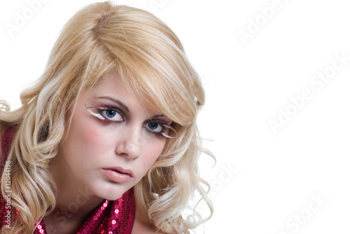 sexy blond woman wearing feather eye lashes