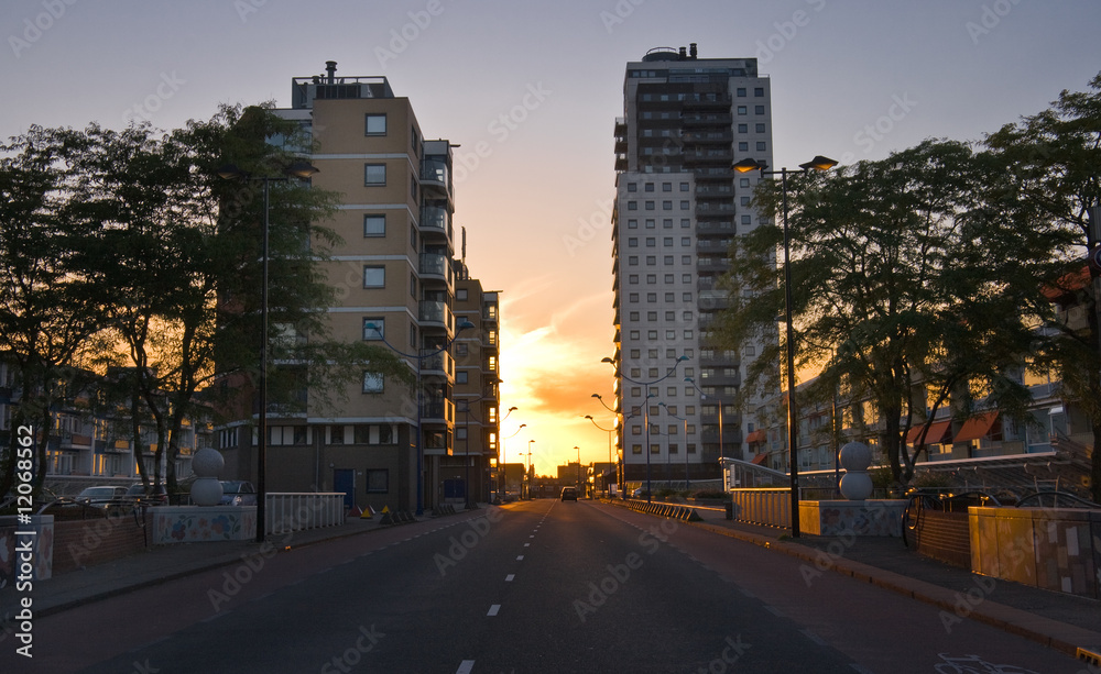 Residential buildings at sunset