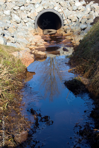 A storm drain on a sunny day reflecting a tree in the outflow