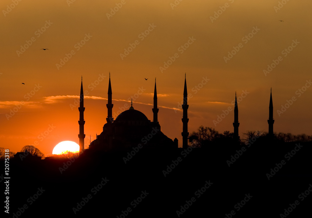 Istanbul Silhouette with Mosque and Sun