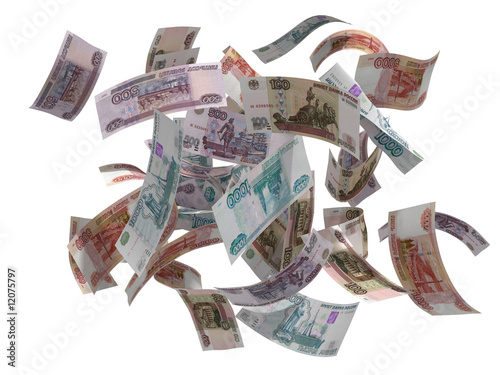 russian rubles falling isolated on white, 3d render