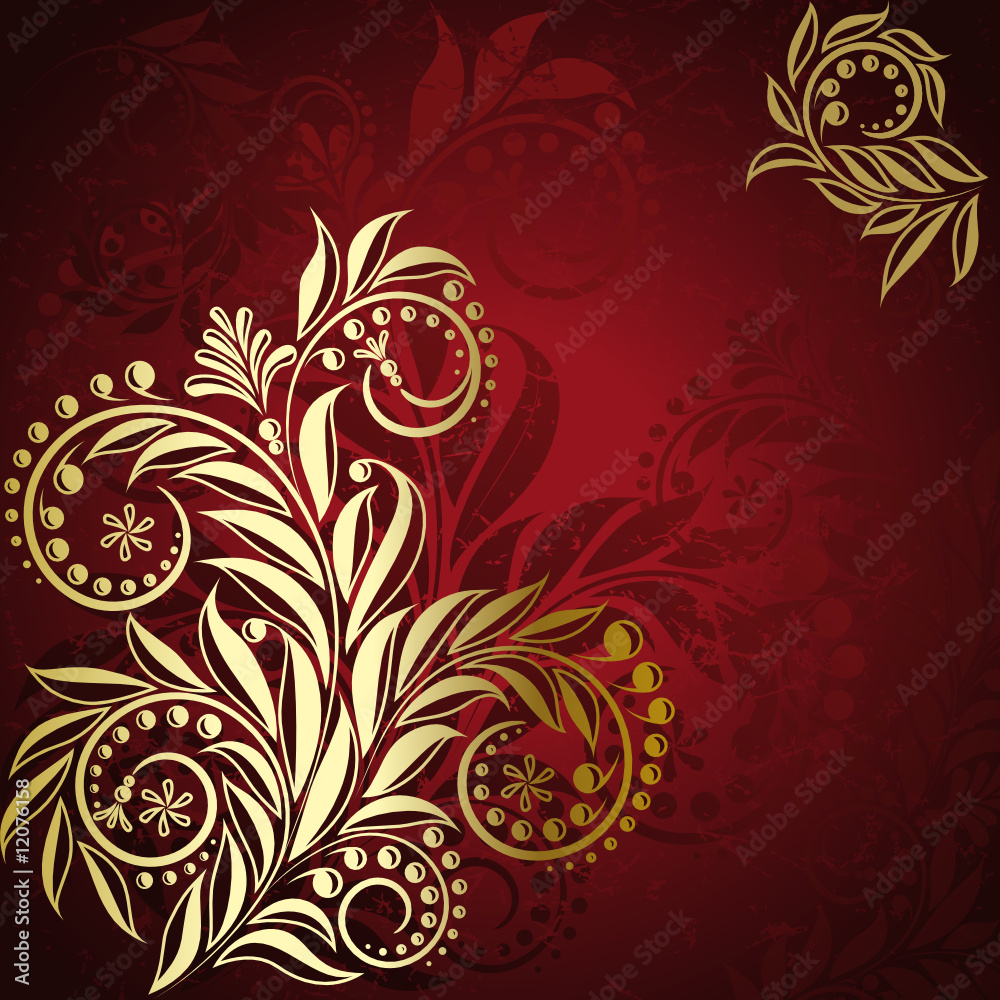 Red background with elegance gold plant with swirls Red background with elegance gold plant with swirls