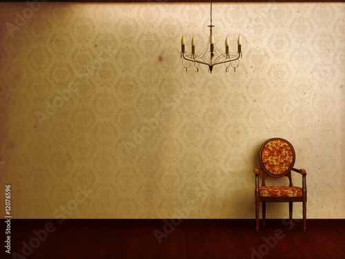 Vintage interior with old chair and simple chandelier.