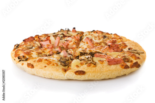 Pizza with mushrooms, ham and pineapple isolated on white